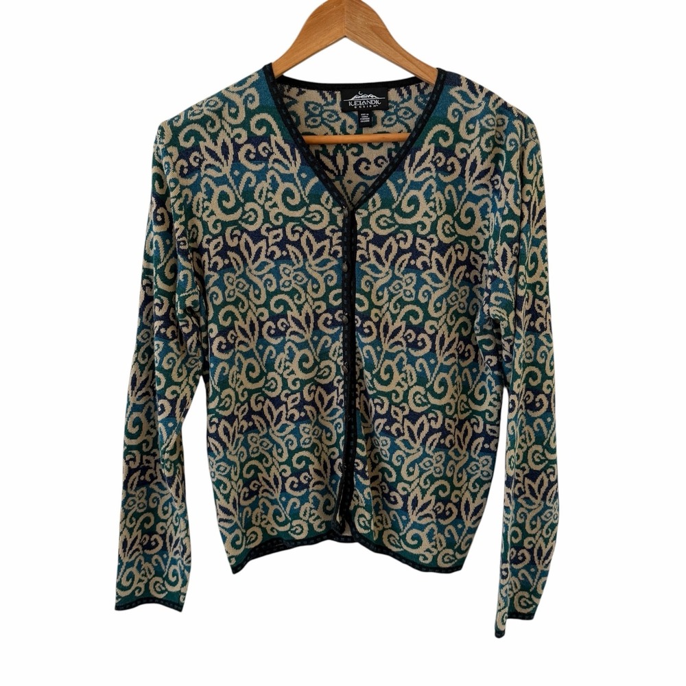 Vintage Icelandic Design Cardigan Sweater Womens XL Teal Floral Scroll Knit Boho